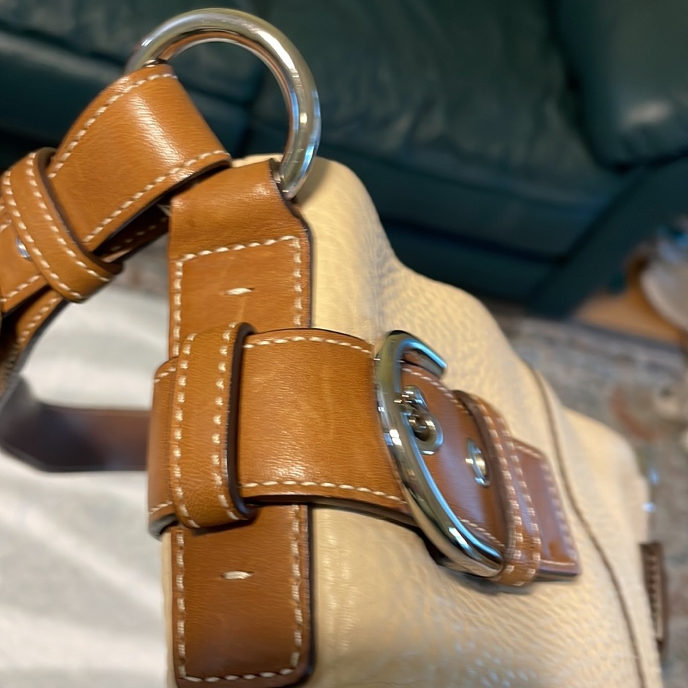 COACH  tan and brown genuine leather handbag. Like 
 brand new! Dust bag incl